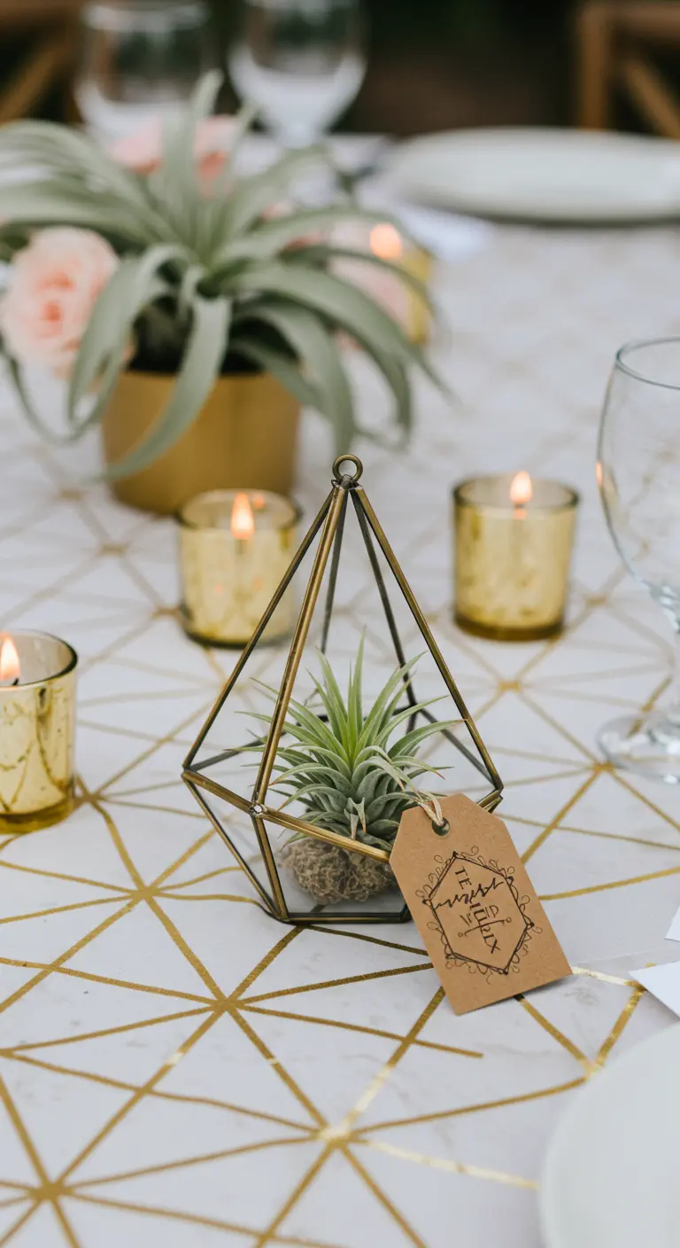 Terrarium géométrique en laiton avec une plante aérienne sur une nappe graphique.