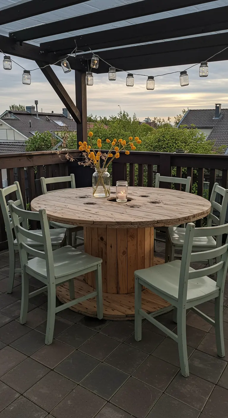 Table à manger faite d'un touret de câble en bois sur une terrasse