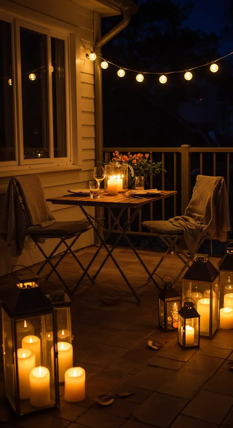 Table pour deux sur un balcon, entourée de nombreuses lanternes au sol et d'une guirlande.