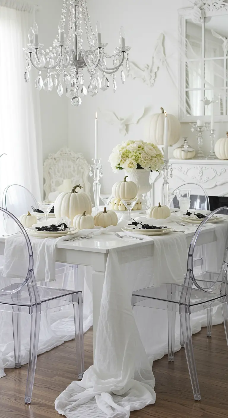 Décor de table d'Halloween tout en blanc avec des citrouilles et un lustre en cristal.