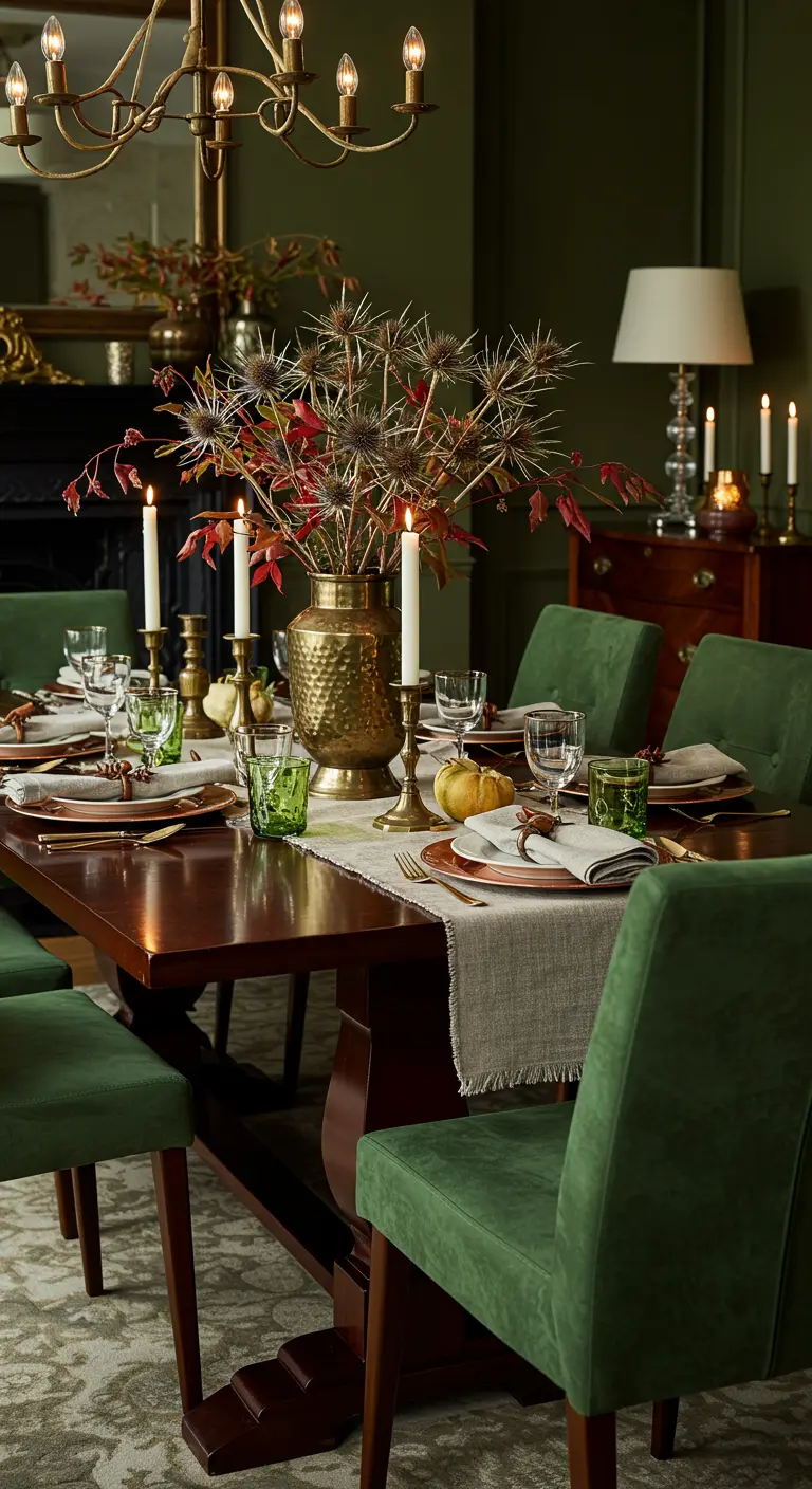 Table de salle à manger automnale avec chaises en velours vert et murs sombres.