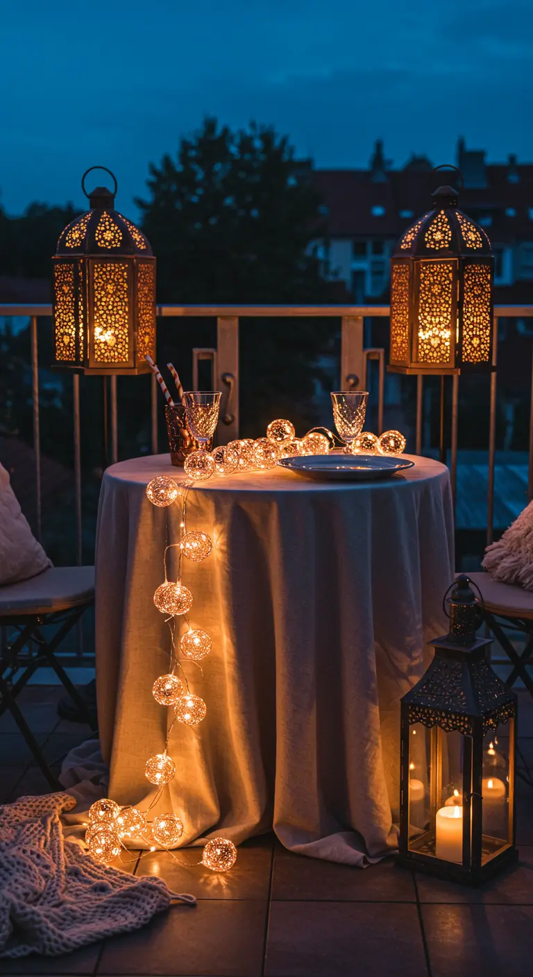 Table pour deux sur un balcon, éclairée par une guirlande posée sur la nappe et des lanternes marocaines.