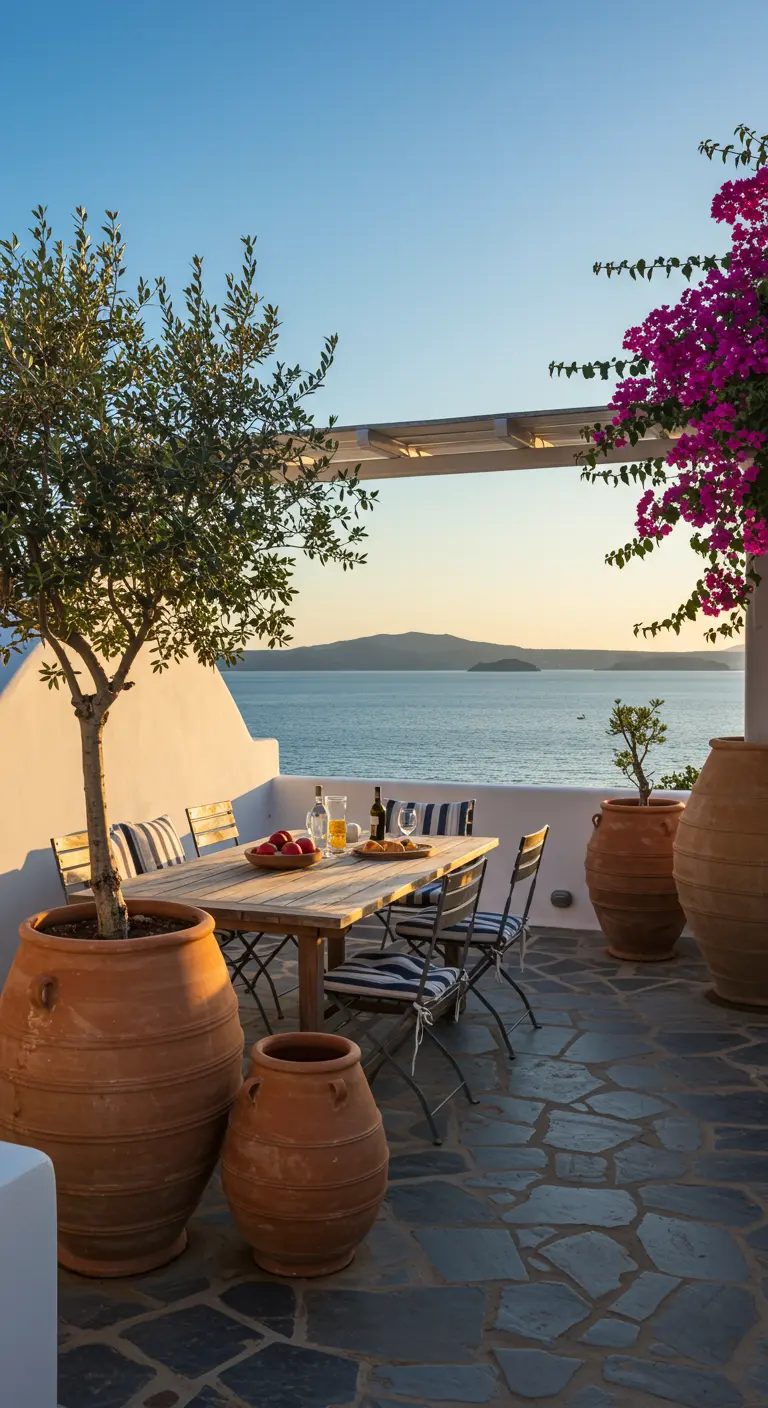 Table à manger sur une terrasse méditerranéenne avec vue sur la mer au coucher du soleil.