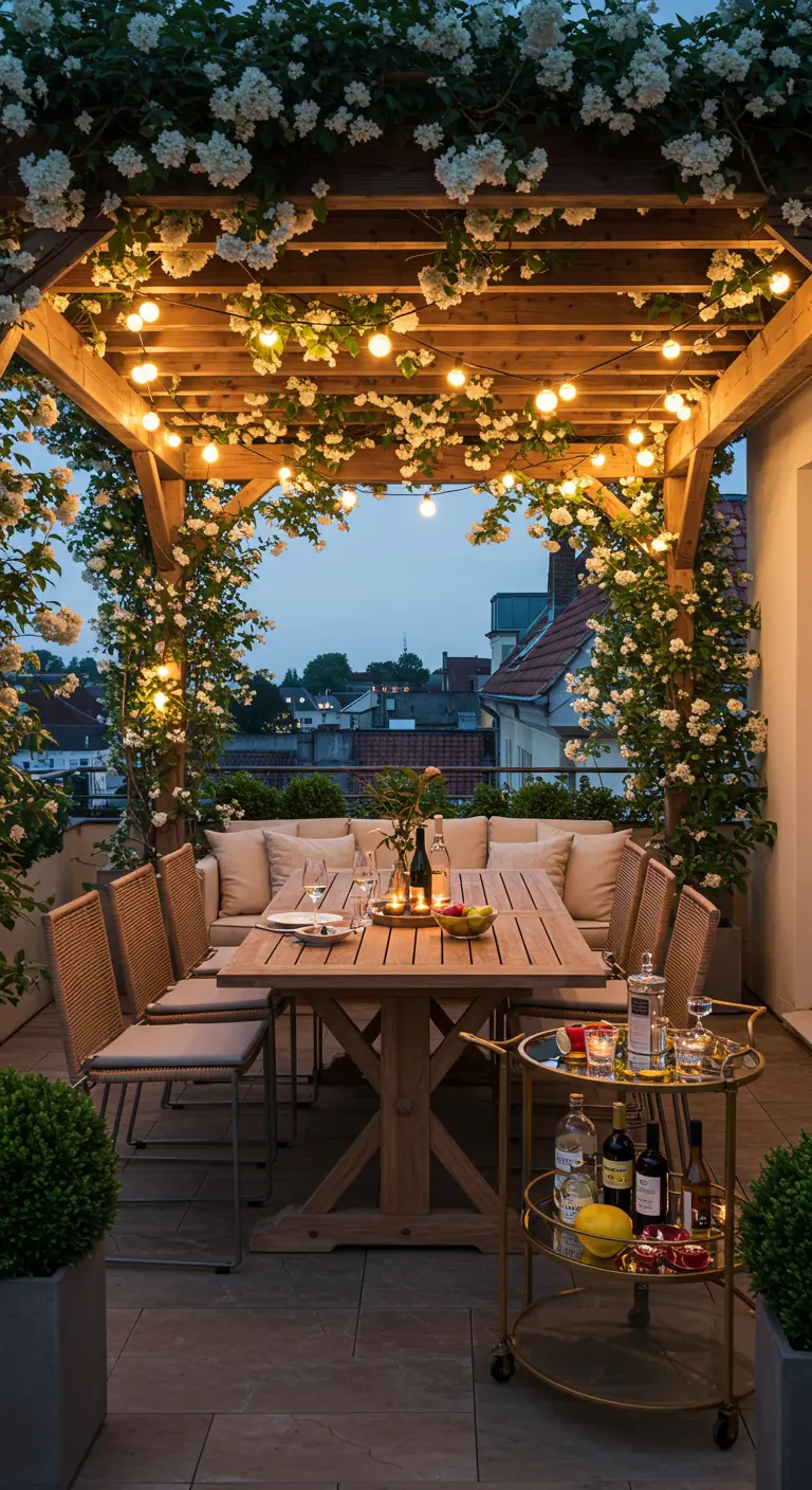 Pergola en bois recouverte de fleurs blanches et de guirlandes, au-dessus d'une table dressée.