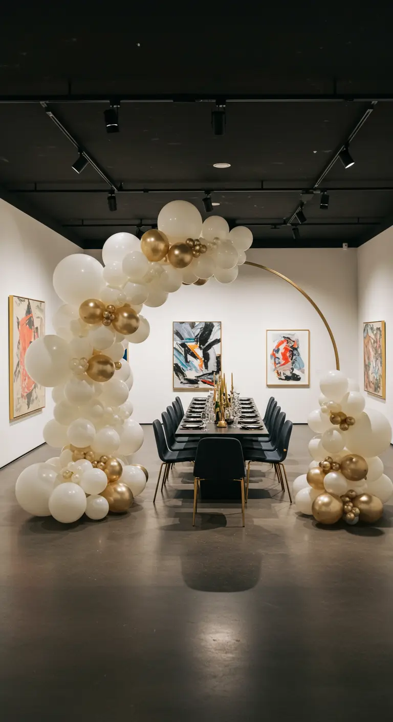 Arche de ballons blancs et dorés encadrant une table de dîner dans une galerie d'art.