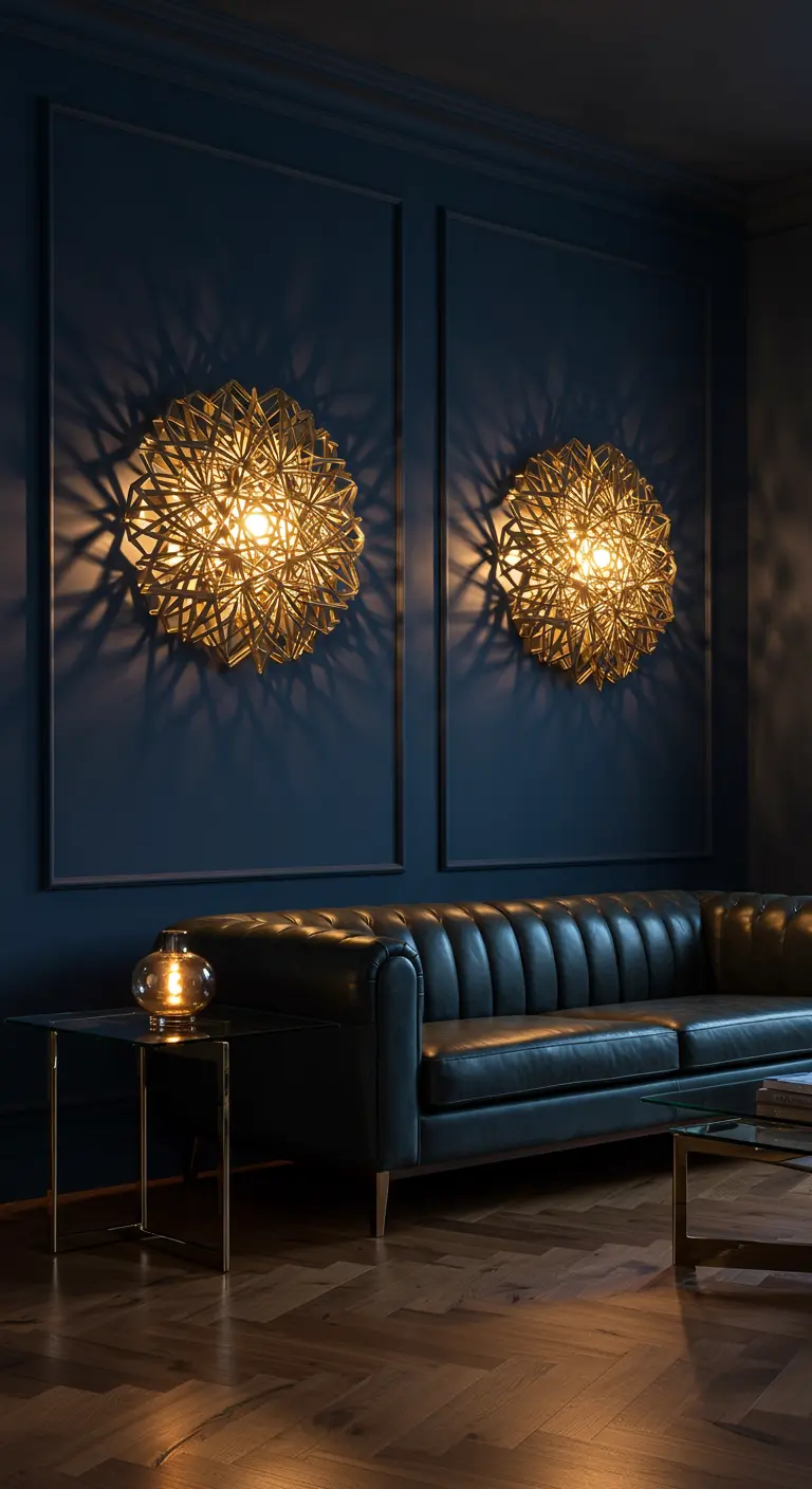 Deux appliques murales dorées et géométriques sur un mur bleu foncé.
