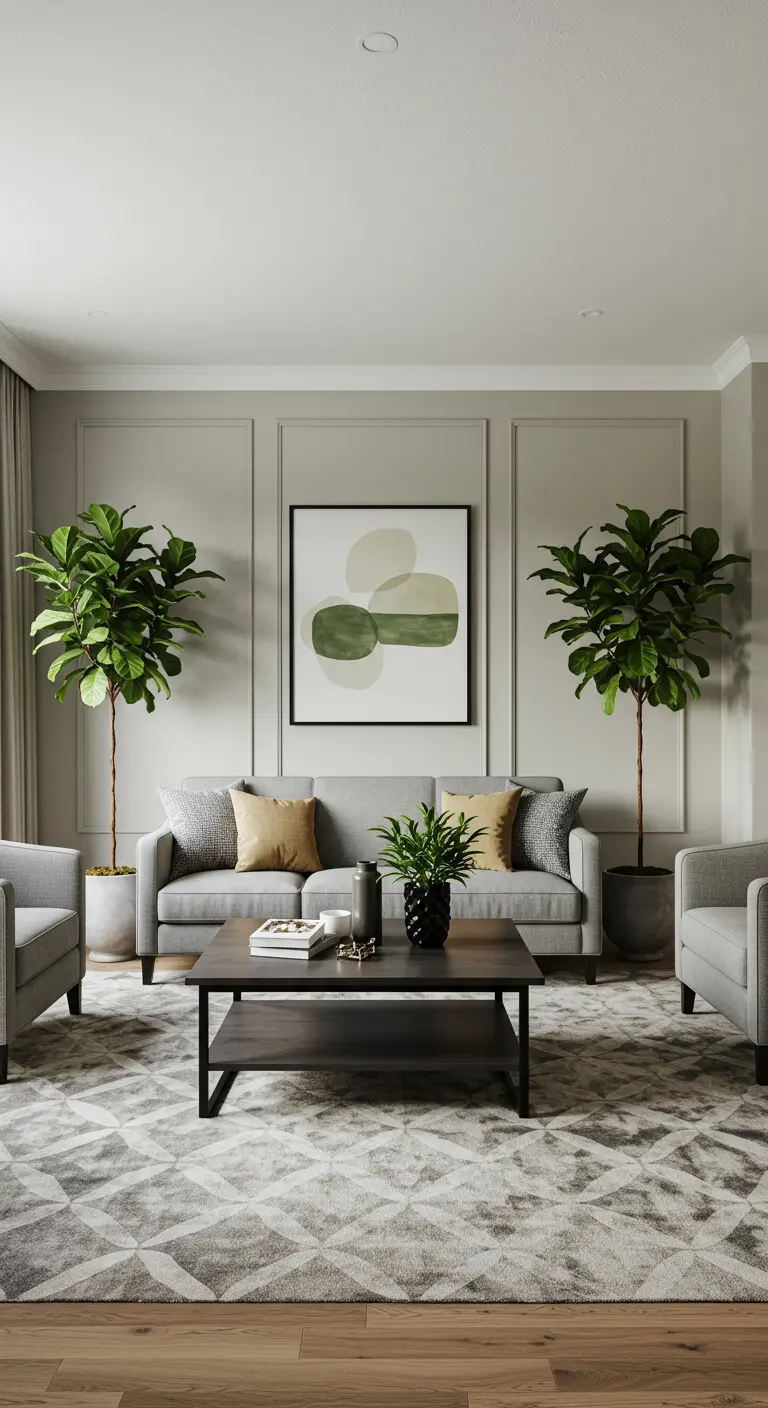 Salon élégant avec un canapé gris encadré par deux grands ficus lyrata identiques.