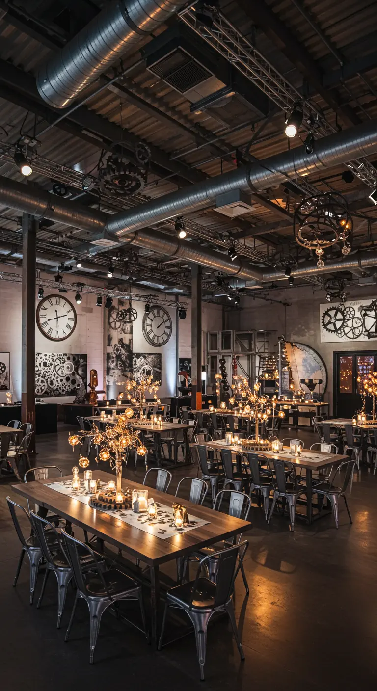 Salle de réception moderne Steampunk avec grandes horloges murales, engrenages géants et tables en bois avec chaises en métal.