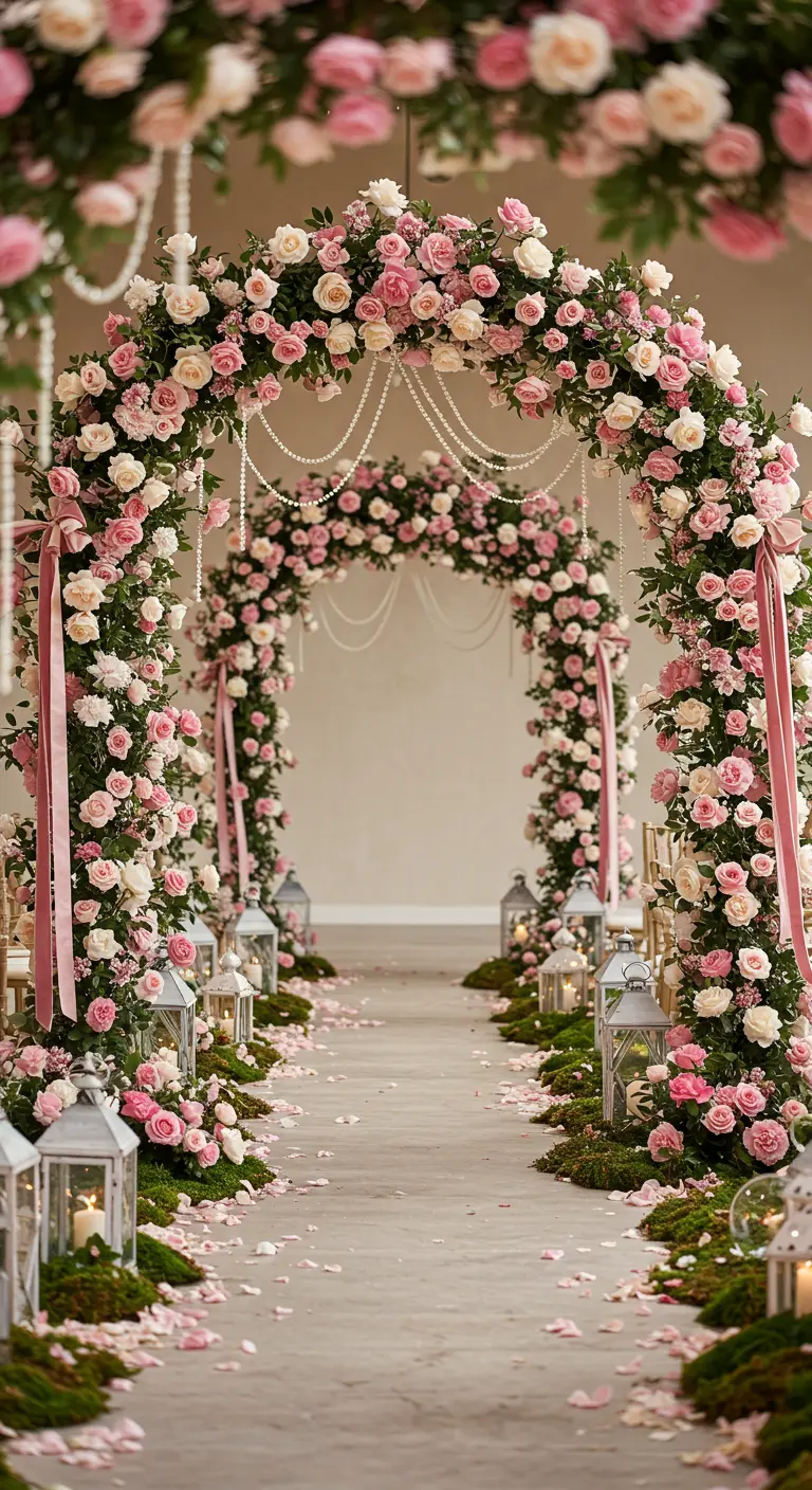 Double arche couverte de roses roses et blush, guirlandes de perles, lanternes sur de la mousse le long d'une allée.