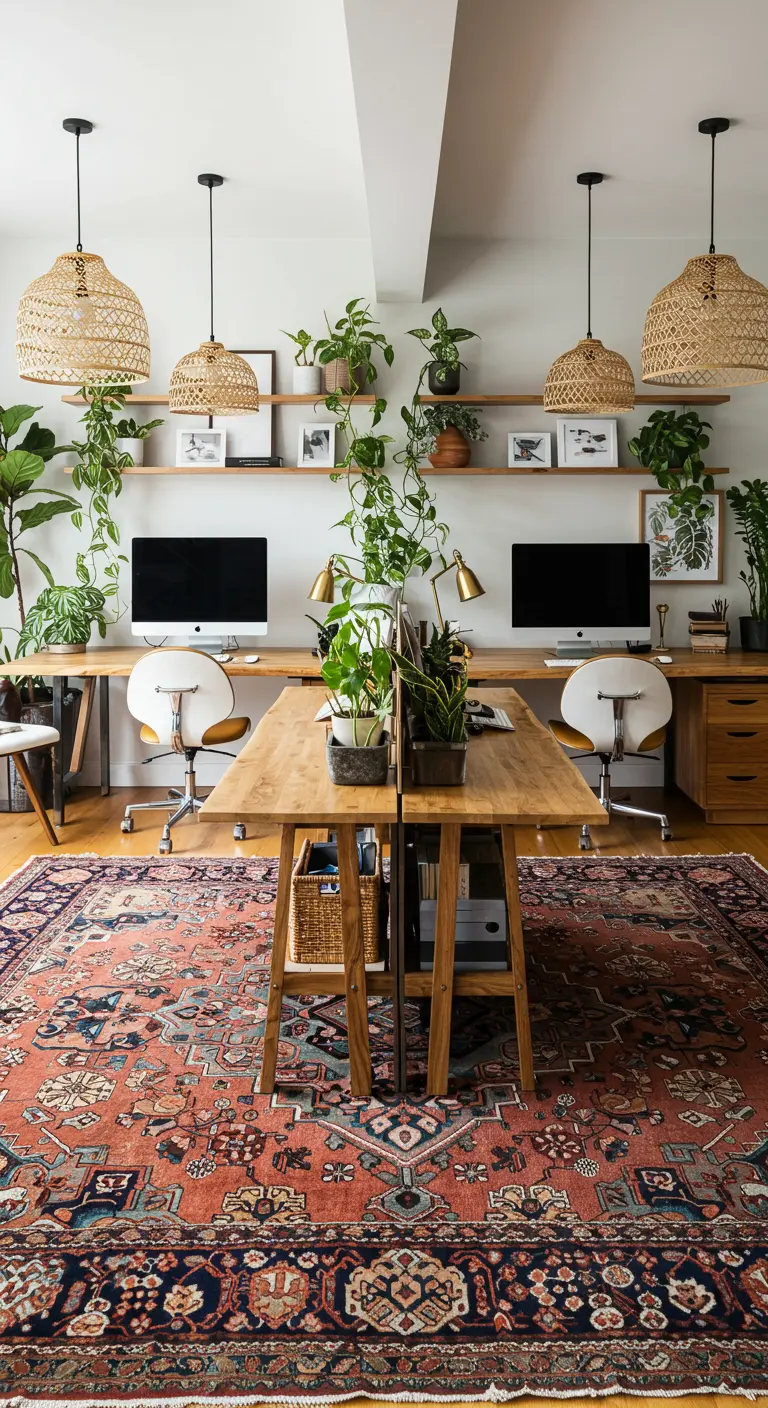 Double espace de travail avec un long bureau en bois et des suspensions en rotin.