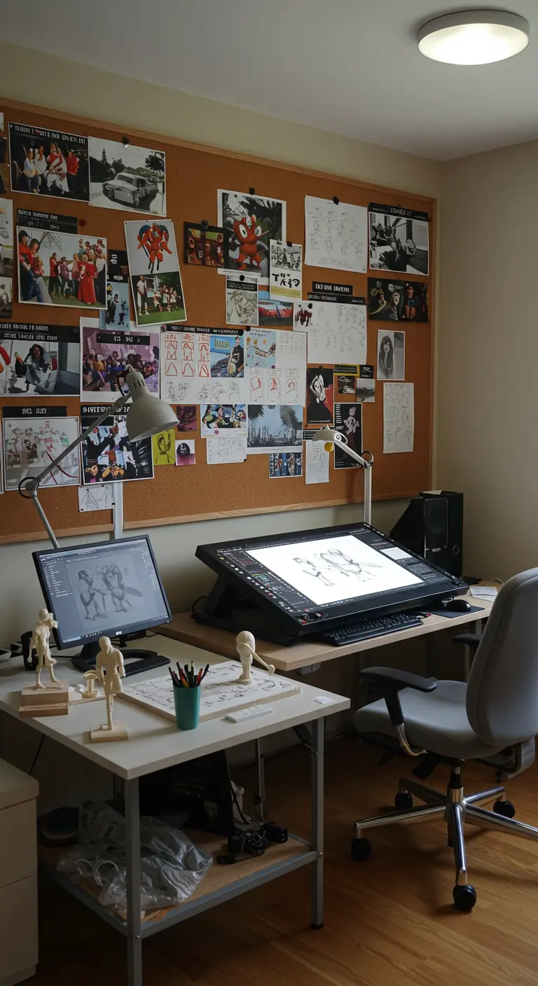 Bureau d'animateur avec double plan de travail pour le dessin numérique et traditionnel.