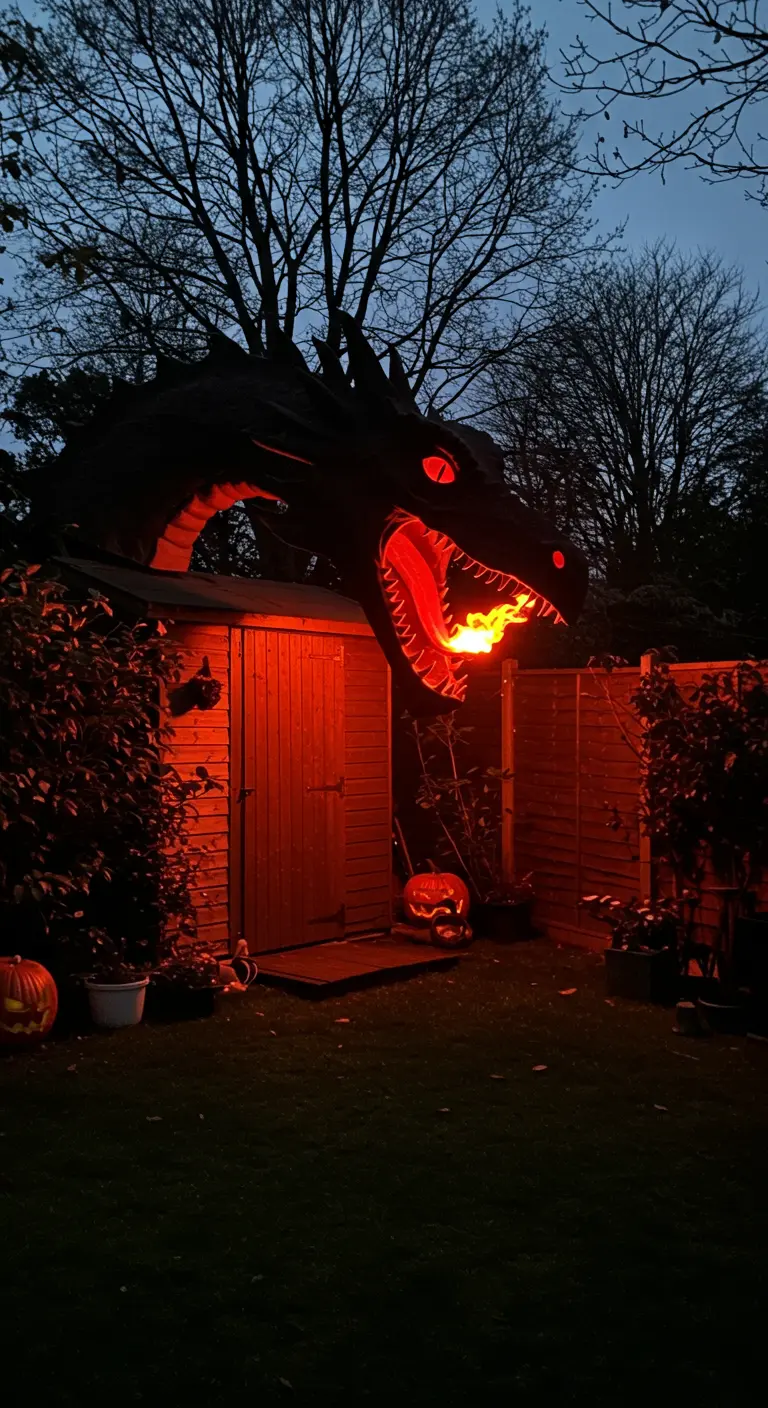 Tête de dragon noir géante sur un abri de jardin, avec une lumière rouge dans sa gueule.