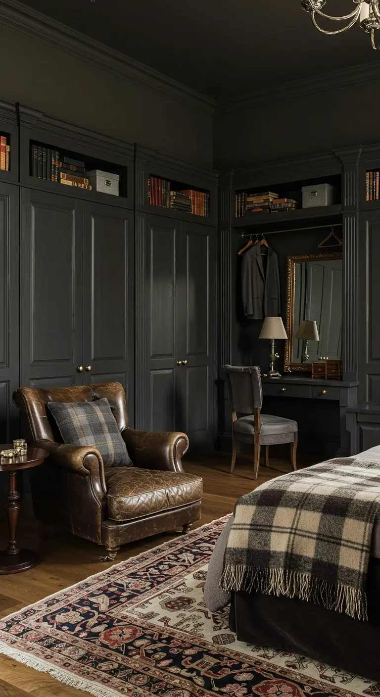 Chambre dressing au style club anglais avec des menuiseries sombres et un fauteuil en cuir.