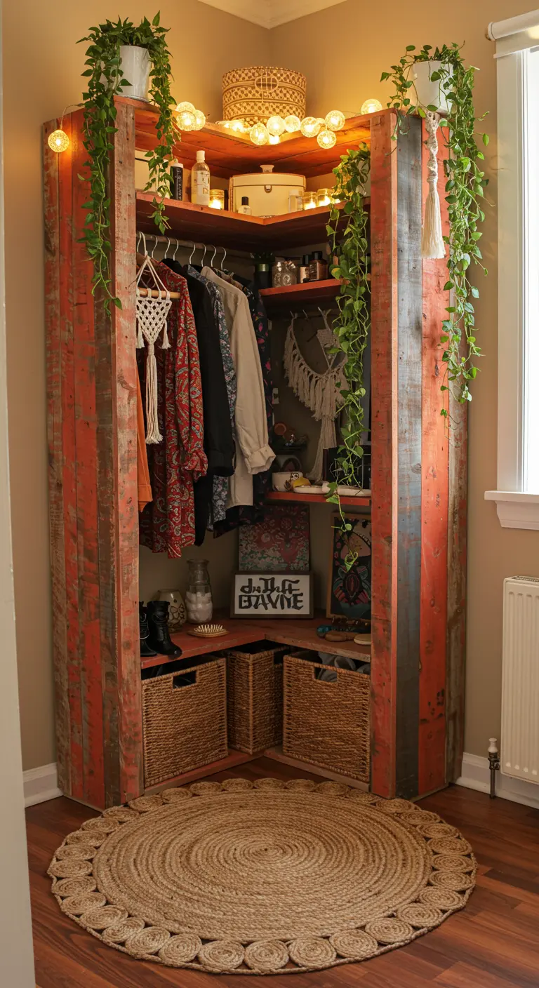 Dressing d'angle DIY en bois recyclé, guirlandes lumineuses et paniers.