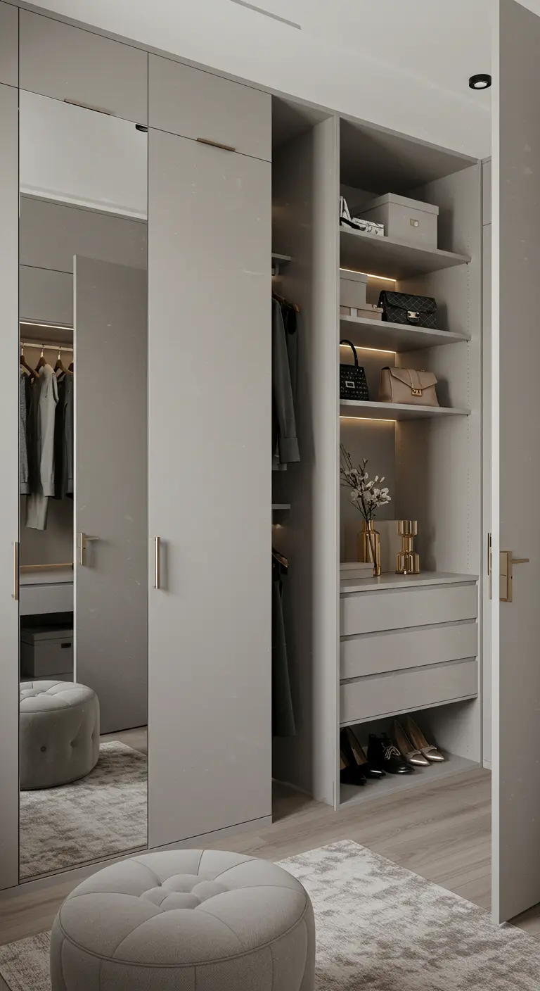 Dressing gris perle avec portes miroirs, modules de rangement ouverts et pouf central.