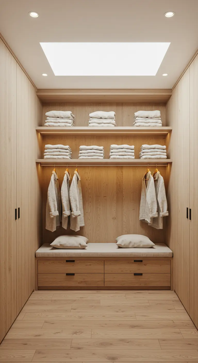 Dressing en bois clair avec banc intégré, étagères, tringles et puits de lumière au plafond.