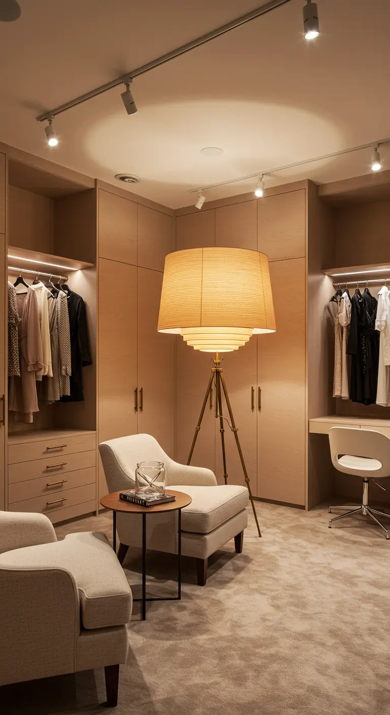 Grand dressing avec fauteuils et un imposant lampadaire tripode central.