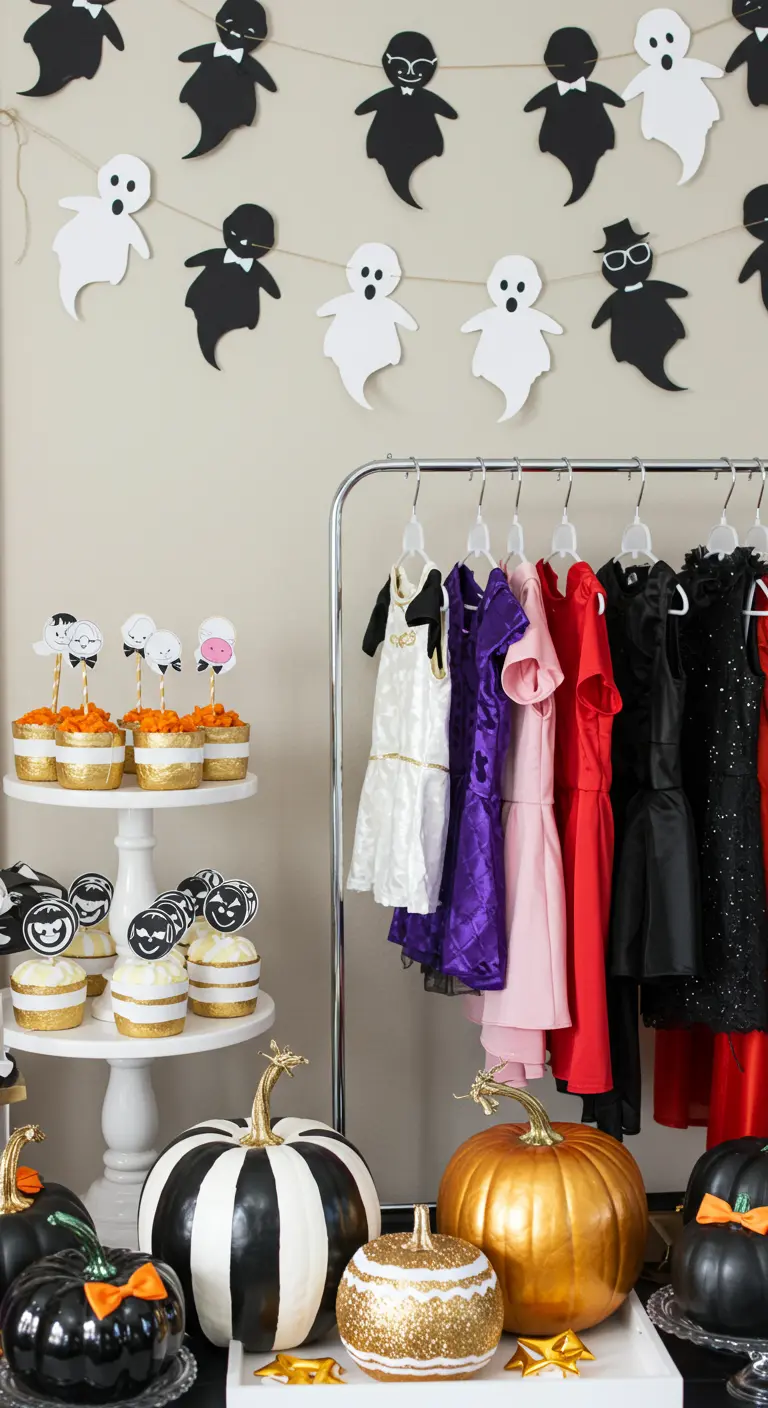 Coin déguisement pour une fête d'Halloween avec une guirlande de fantômes.