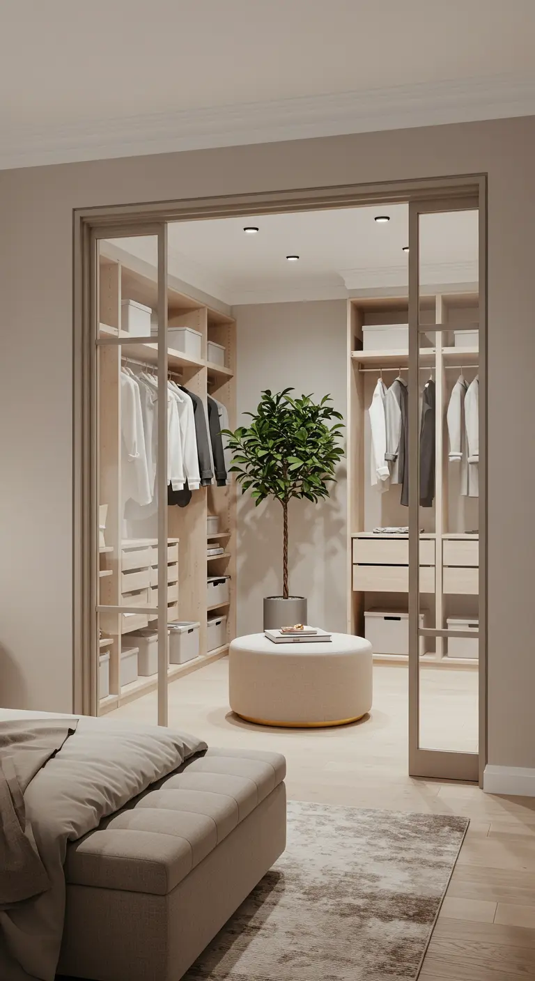 Vue depuis la chambre sur un dressing bien organisé avec des portes coulissantes.