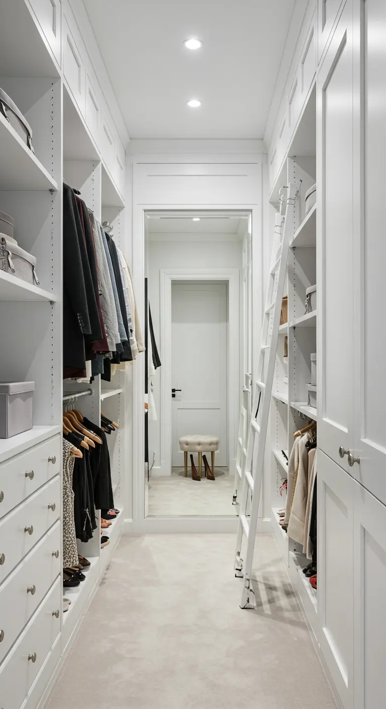 Dressing blanc avec échelle roulante, rangements hauts et miroirs encastrés.