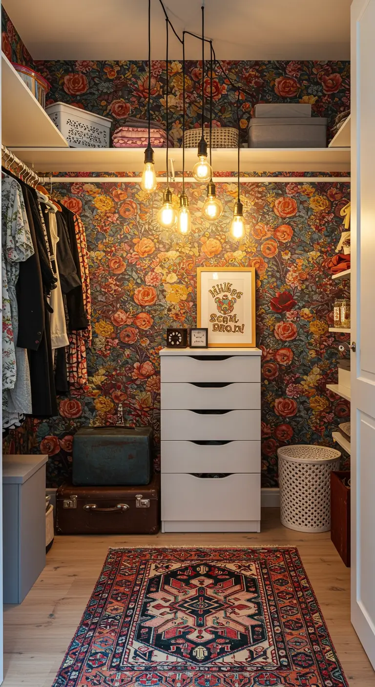 Dressing bohème avec papier peint floral, ampoules Edison et valises vintage.