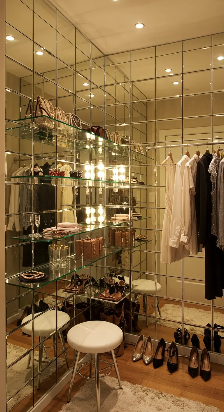 Dressing avec murs entièrement recouverts de miroirs, étagères en verre et éclairage LED.
