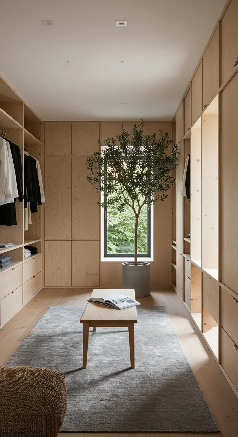 Dressing spacieux en contreplaqué de bois clair avec un arbre en pot au centre.
