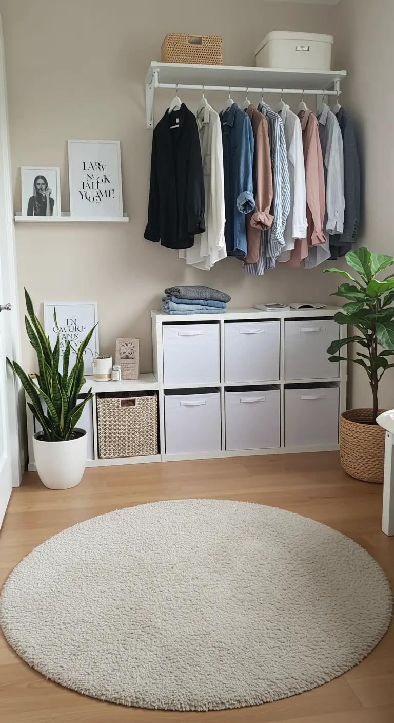 Dressing ouvert avec étagères cubiques blanches, tringle et paniers de rangement.