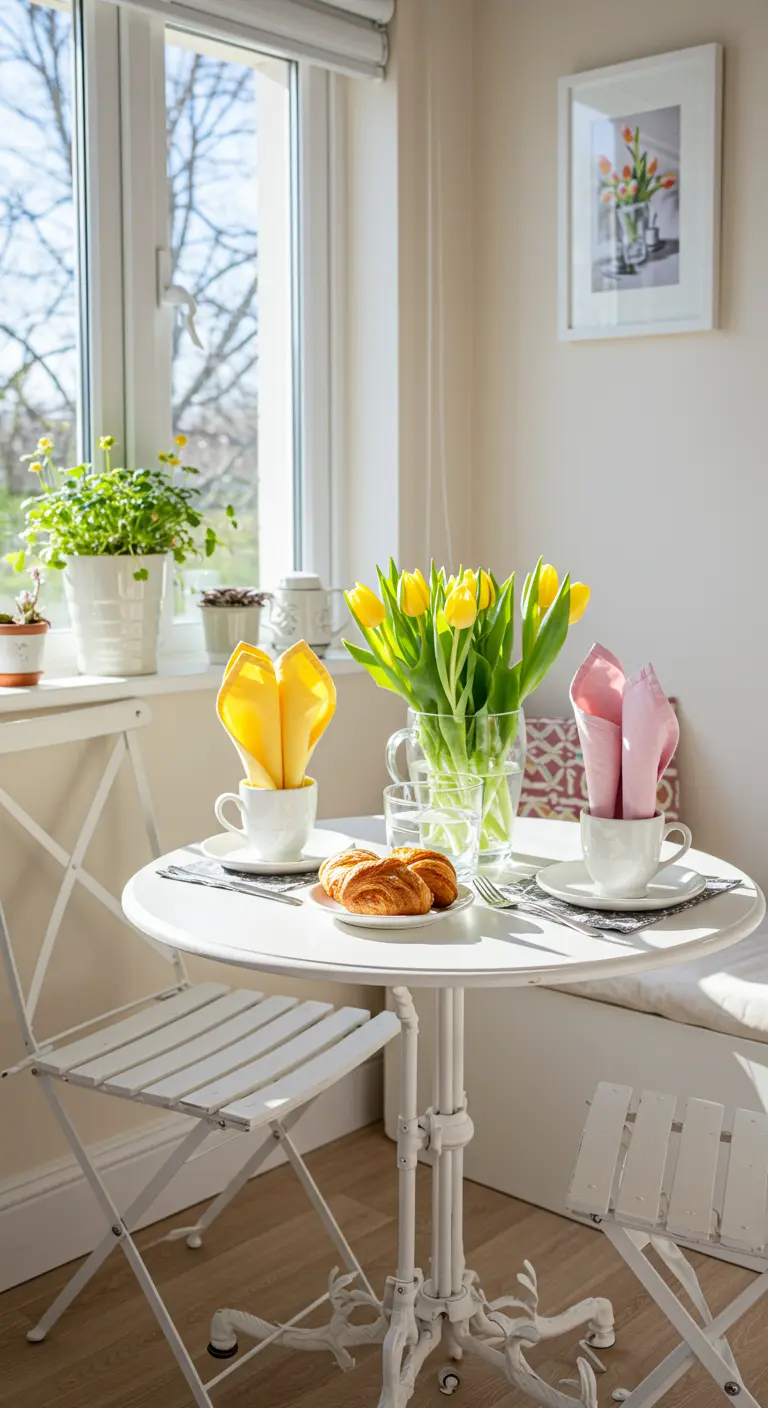 Petite table de bistrot avec deux serviettes pliées en tulipes dans des tasses.