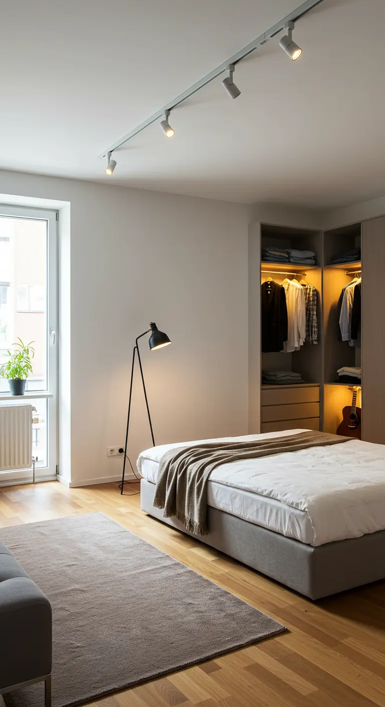 Chambre moderne et lumineuse avec un rail de spots et un lampadaire noir.