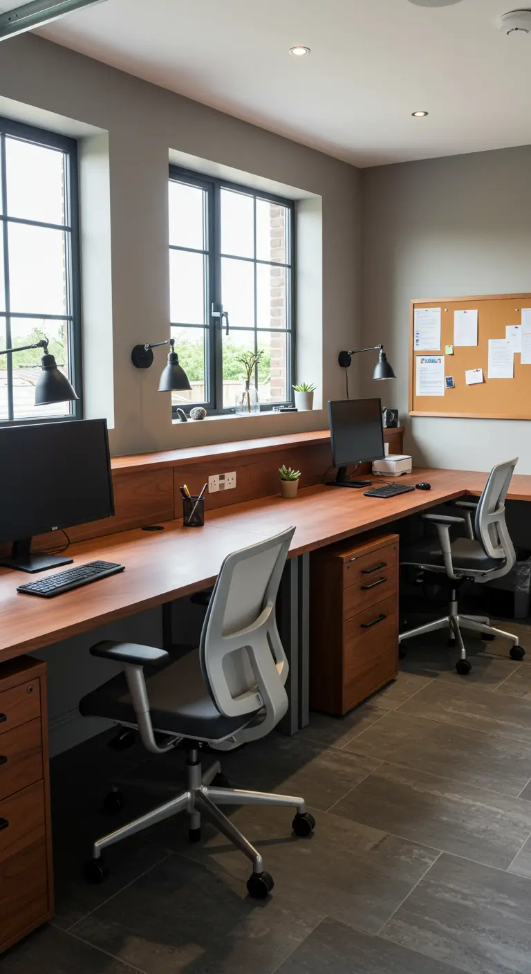 Deux bureaux adjacents en bois avec rangements, chaises de bureau ergonomiques