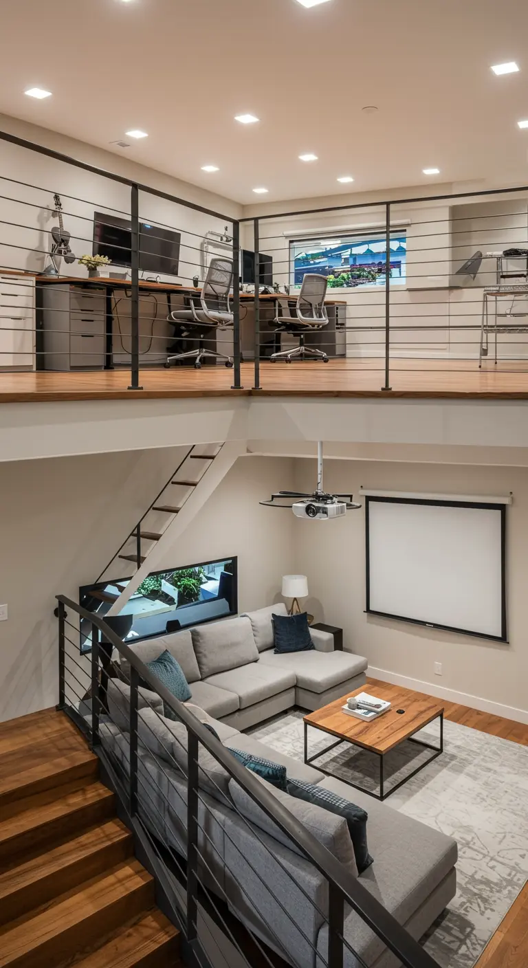 Bureau aménagé sur une mezzanine surplombant un salon avec un home cinéma.