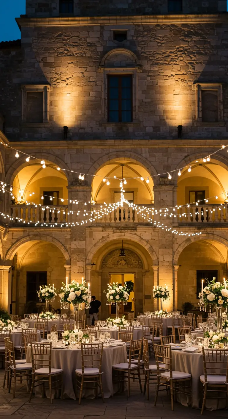 Cour historique transformée pour un mariage, avec des guirlandes lumineuses et des tables dressées.