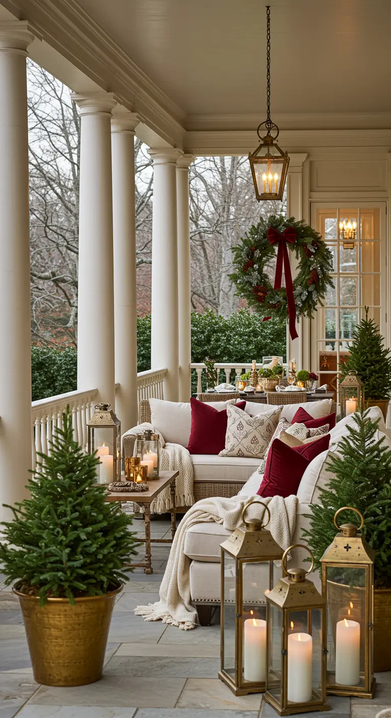 Grande terrasse couverte avec mobilier chic, sapins en pots dorés, lanternes et une couronne de Noël.