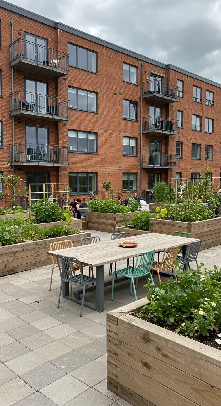 Espace commun avec une grande table à manger entourée de bacs de jardinage en bois
