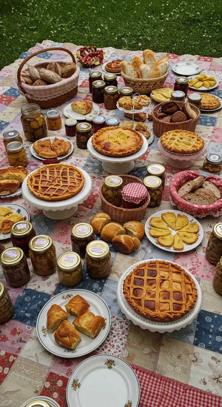 Pique-nique généreux sur une nappe en patchwork avec de nombreuses tartes et bocaux.