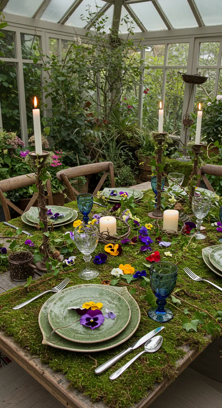 Table de dîner recouverte de mousse véritable, avec de la vaisselle verte et des fleurs comestibles.