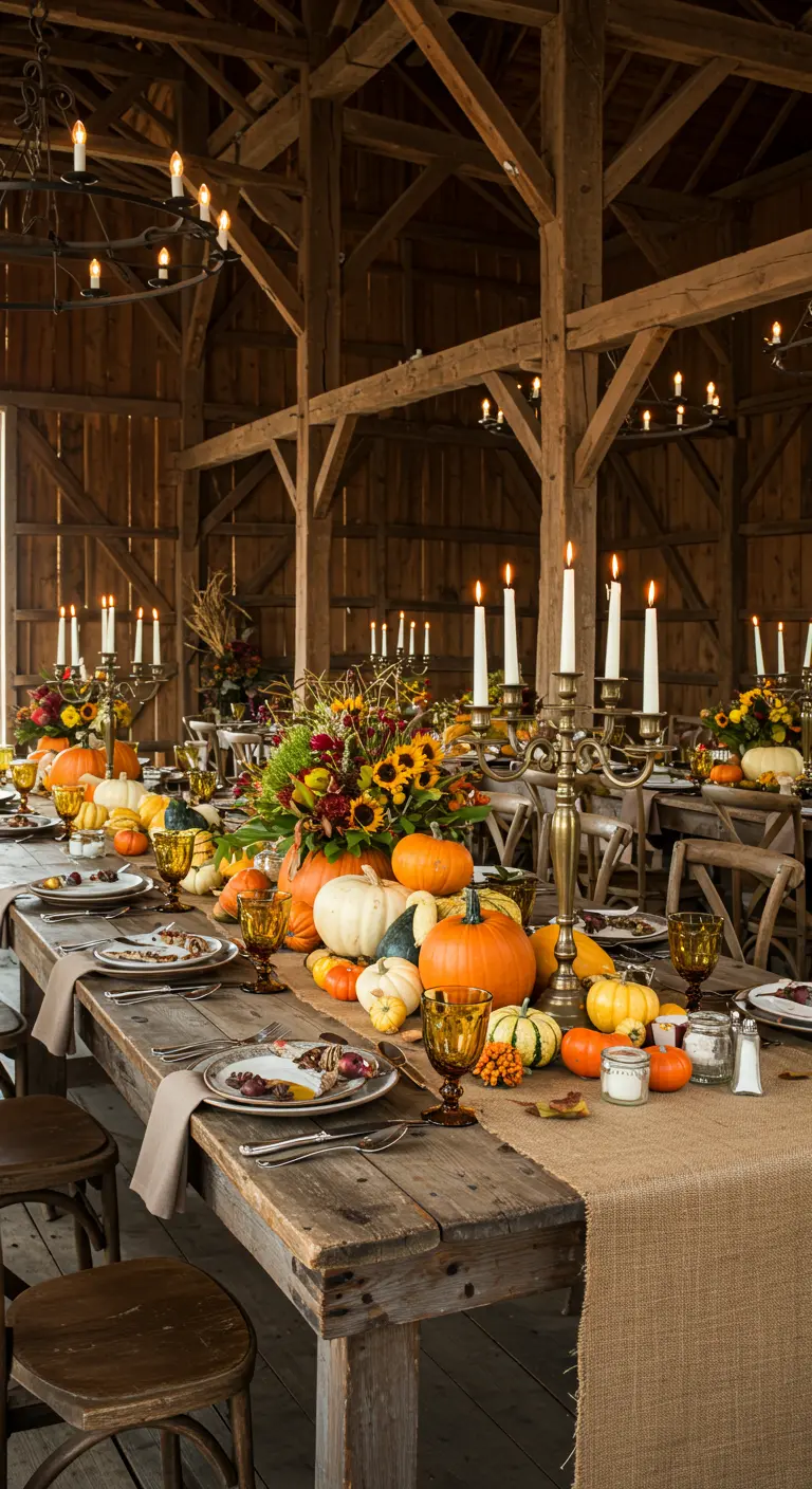 Tables de banquet en bois dans une grange, décorées de citrouilles et de chandeliers.