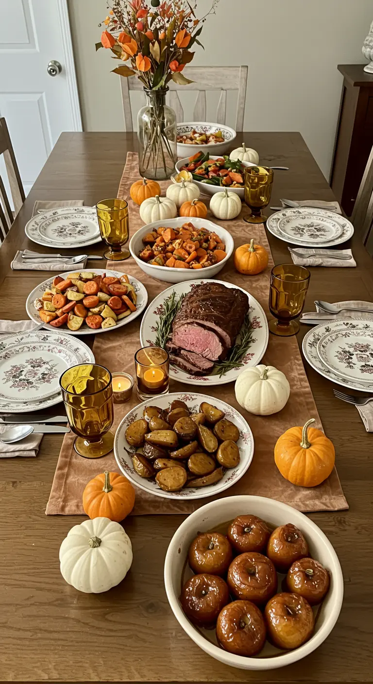 Table de dîner familial avec de nombreux plats, légumes rôtis et citrouilles.