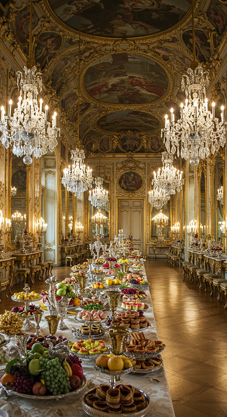 Table de banquet somptueuse dans un palais doré, chargée de fruits et de pâtisseries.