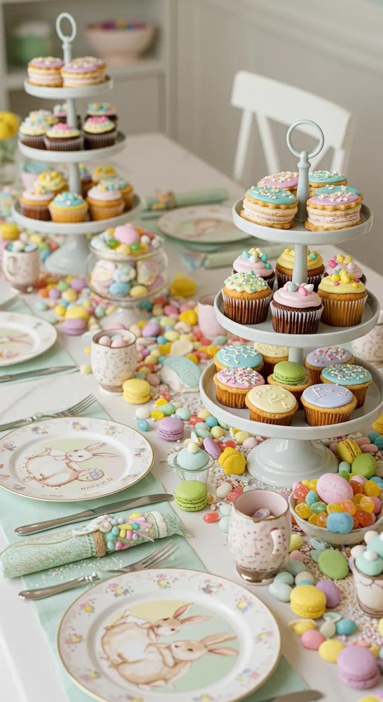 Table de Pâques gourmande remplie de cupcakes, macarons et bonbons pastel.