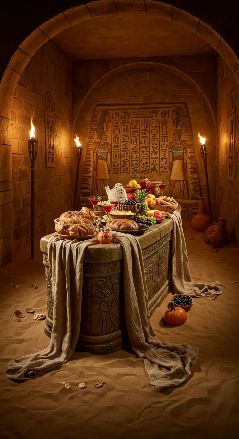 Buffet Halloween thème égyptien dans un caveau de sable, torches et hiéroglyphes.