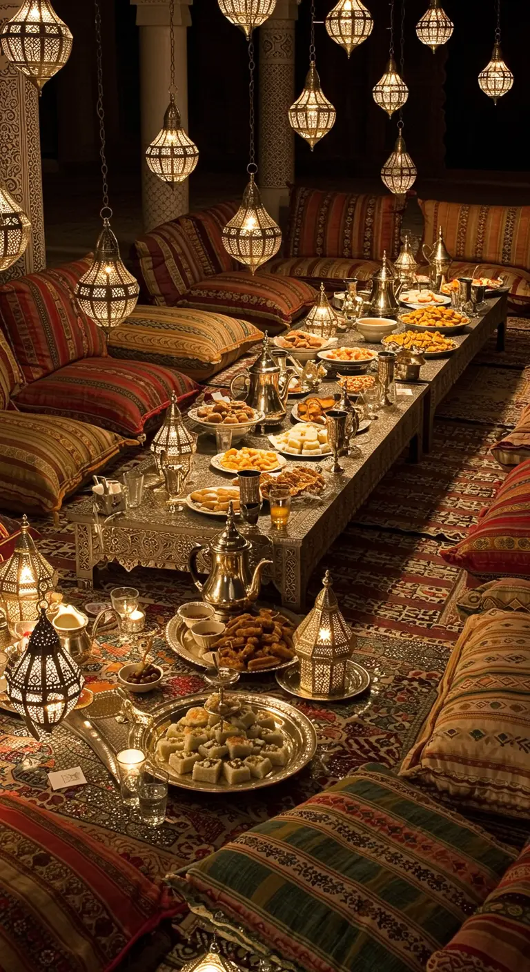 Longue table marocaine remplie de mets, entourée de banquettes et coussins, sous des lanternes.