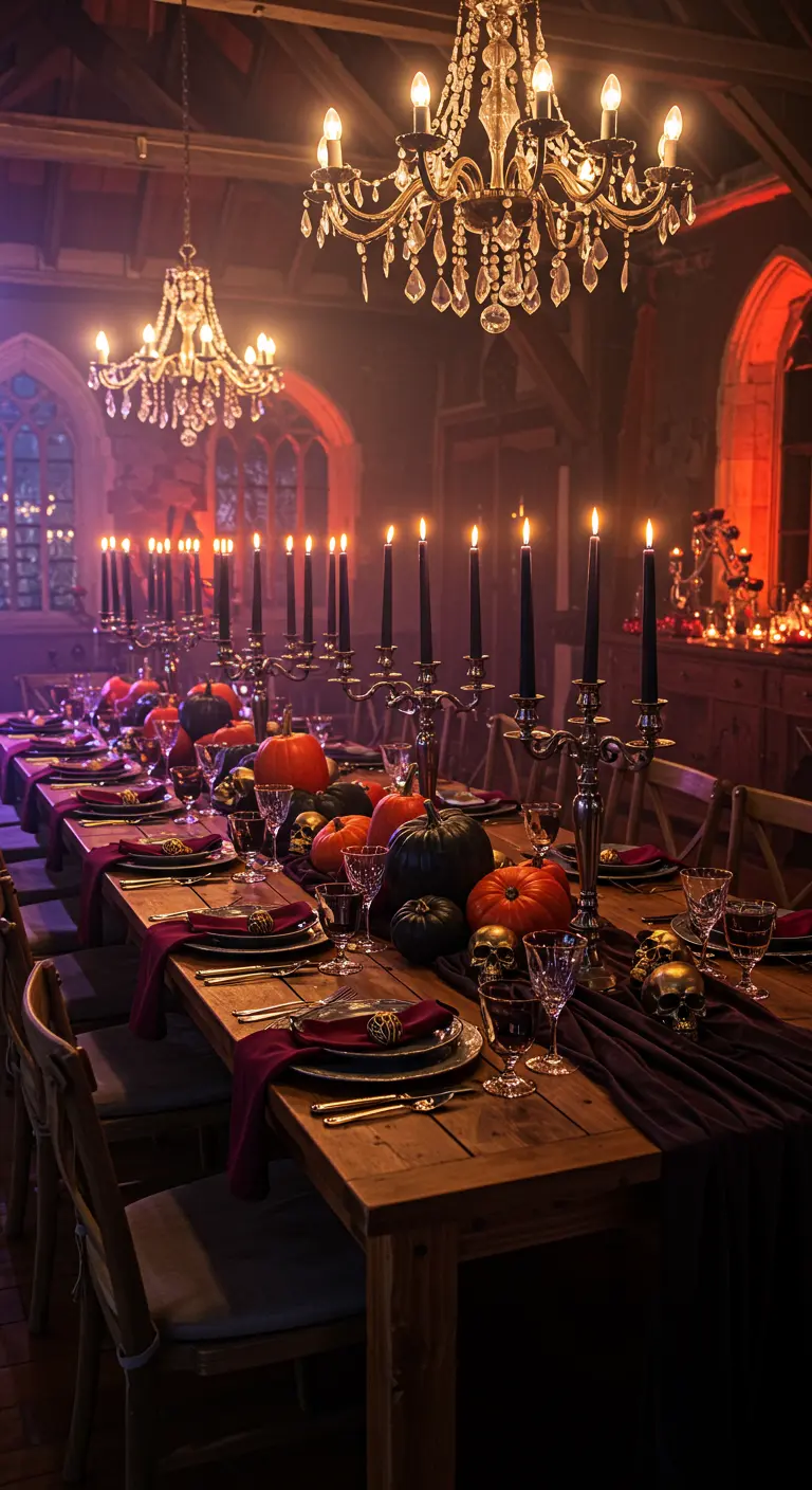 Longue table d'Halloween avec citrouilles, bougies noires et chandeliers opulents