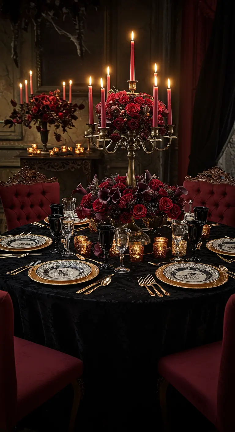 Table de style gothique avec des chaises en velours rouge et des bougies rouges.