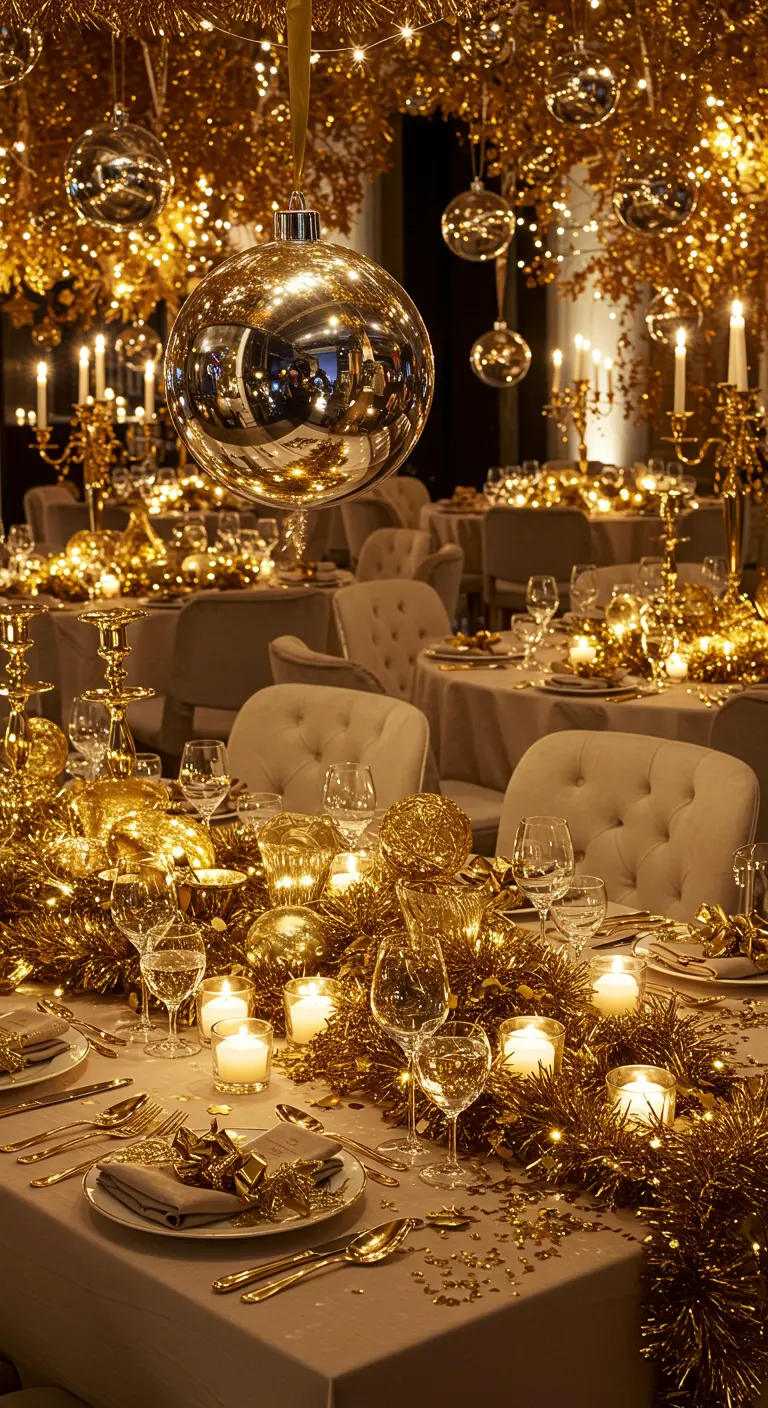 Longue table de réception blanche, richement décorée de guirlandes dorées, boules, bougeoirs et vaisselle raffinée.