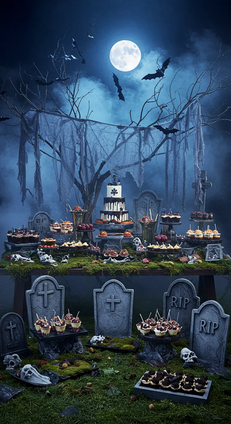 Buffet d'Halloween thème cimetière, pleine lune, brume, pierres tombales.