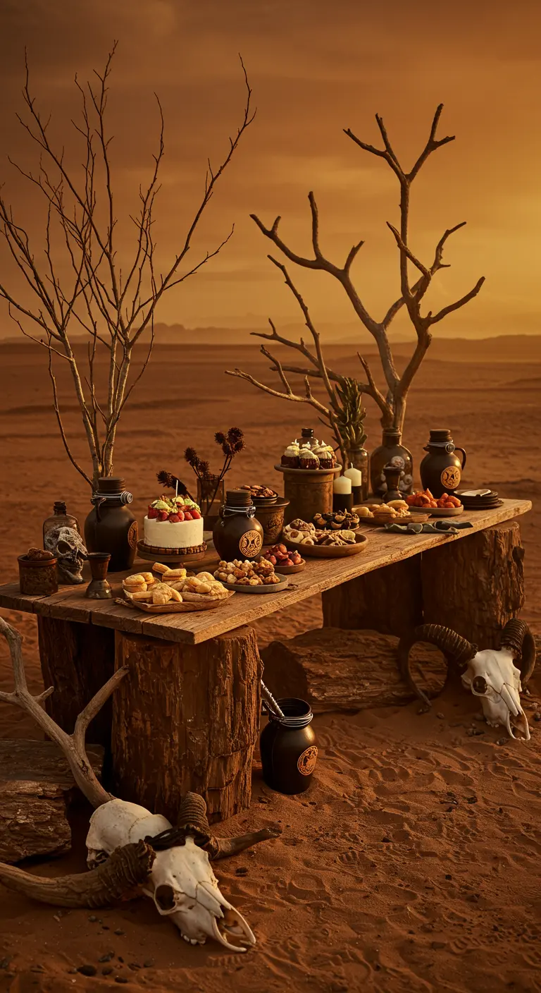 Buffet thème désert hanté, crânes d'animaux, bois sec, poteries sombres.