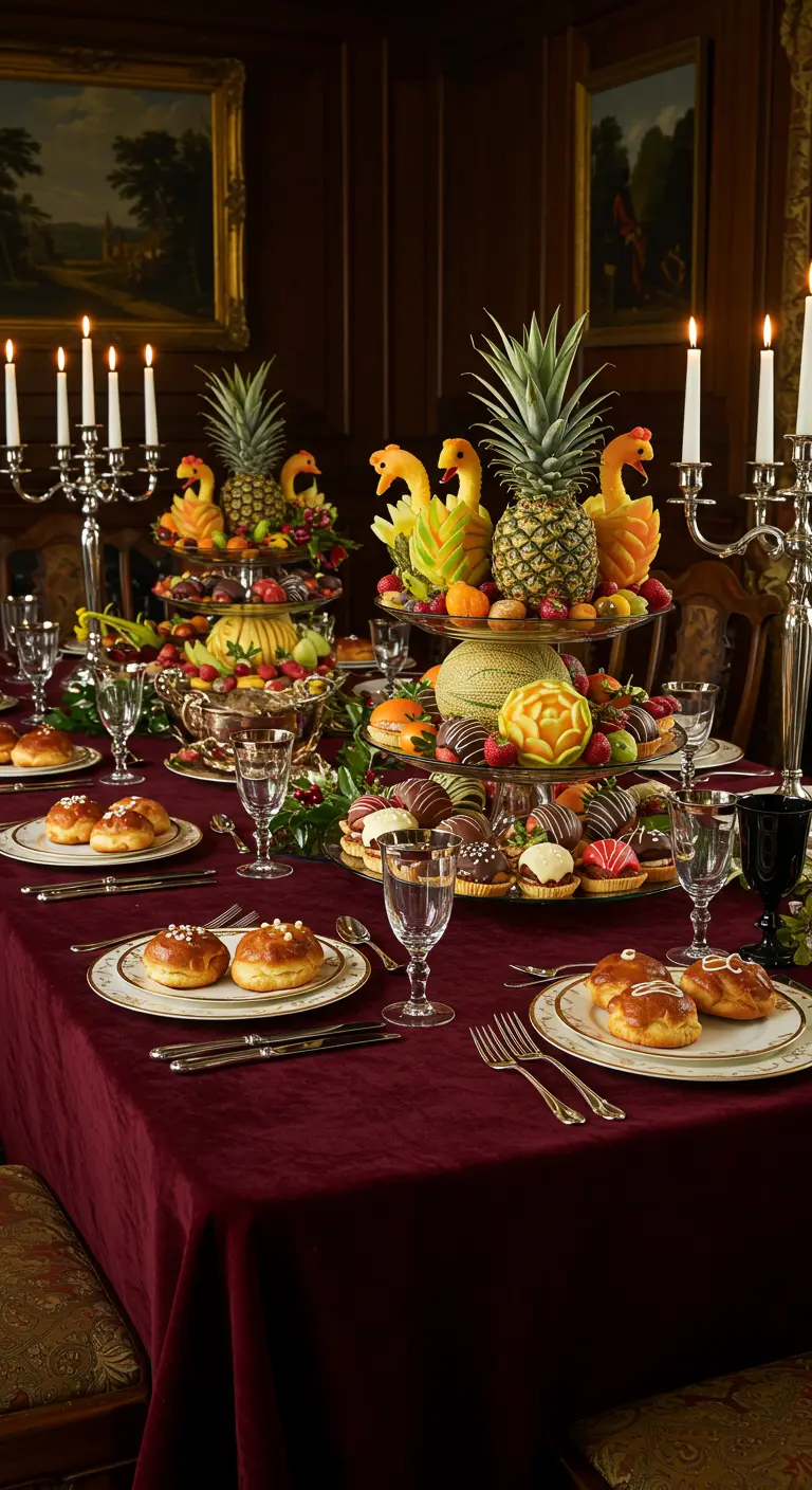 Table de dîner élaborée avec ananas sculptés, melon ciselé et pâtisseries fines sur des présentoirs.