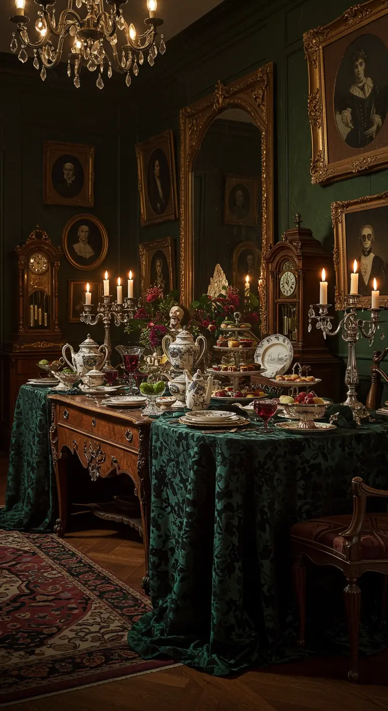 Buffet Halloween gothique avec nappe velours vert, portraits anciens, chandeliers.